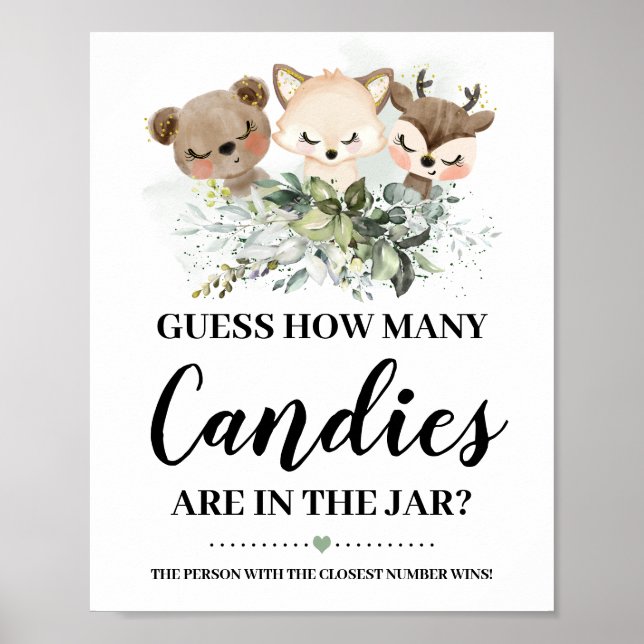 Poster Animaux forestiers Combien de bonbons Baby shower  (Devant)