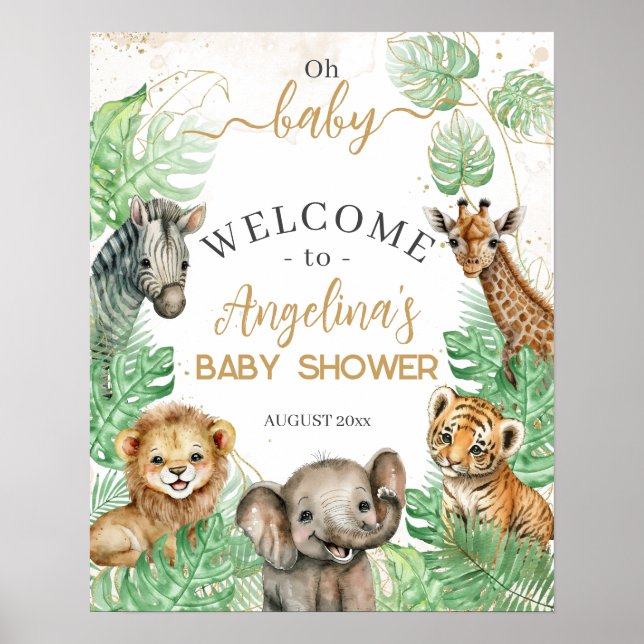 Poster Animaux Safari Baby shower de verdure tropicale (Devant)