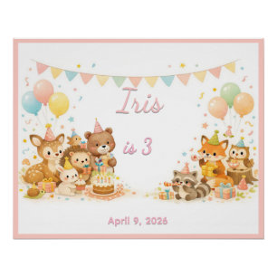 Poster Animaux Sauvages de la Forêt Fête Pastel Rose