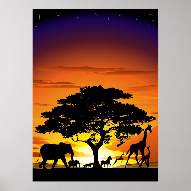 Poster Animaux sauvages sur l'affiche du coucher de solei (Devant)