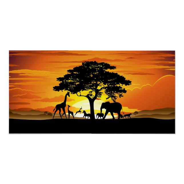 Poster Animaux sauvages sur le coucher de soleil de la sa (Devant)