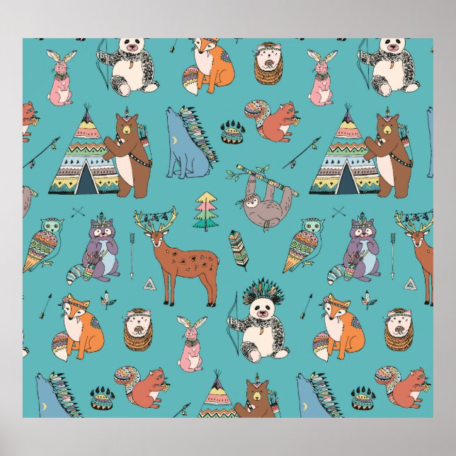 Poster Animaux tribaux : motif forestier. (Devant)