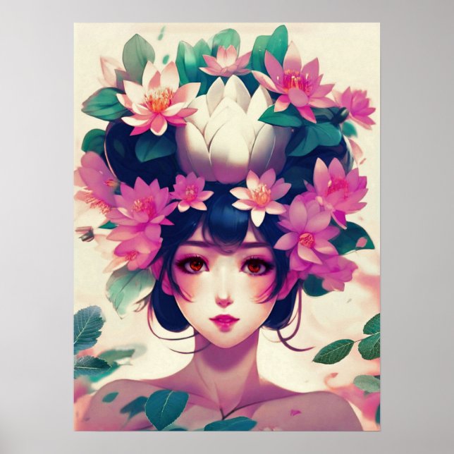 Poster Anime Girl Crowned with Lotus Blossoms (Devant)