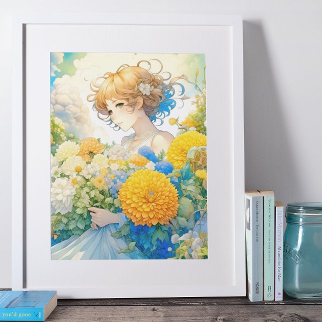 Poster Anime Girl en Fleurs Jaunes et Bleues (Créateur téléchargé)
