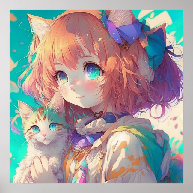 Poster Anime Girl Holding an Adorable Kitten (Devant)