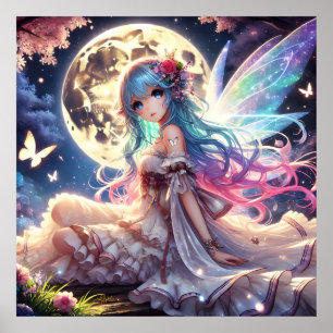 Poster Anime Girl Moon Fairy Princesse dans le jardin