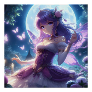 Poster Anime Girl Violet Papillon Aile Lune Fée