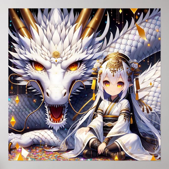 Poster Anime Girl Warrior et Dragon Ai Art (Devant)