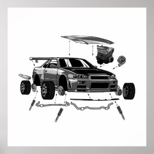 POSTER ANIME JAPONAISE GRAY DRIFT CAR DÉSASSEMBLÉ