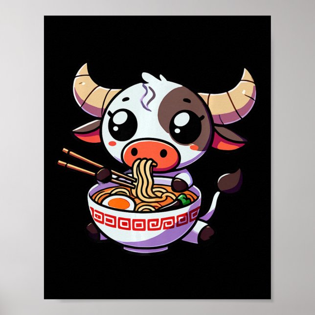 Poster Anime Kawaii Texas Vache Manger Ramen Vêtements No (Devant)