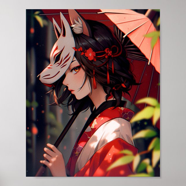 Poster Anime Kitsune Girl Cute Fox Imaginaire Art (Devant)