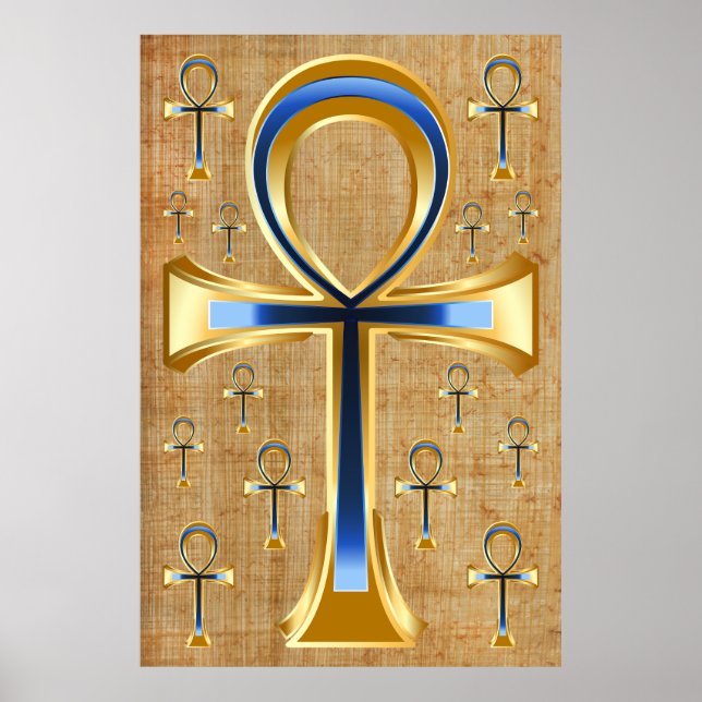 Poster Ankh égyptien - Design or et bleu (Devant)