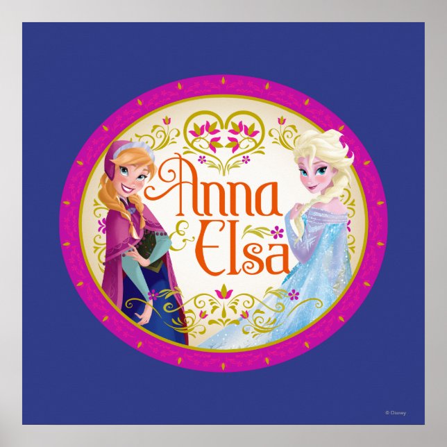 Poster Anna et Elsa | Cadre floral (Devant)