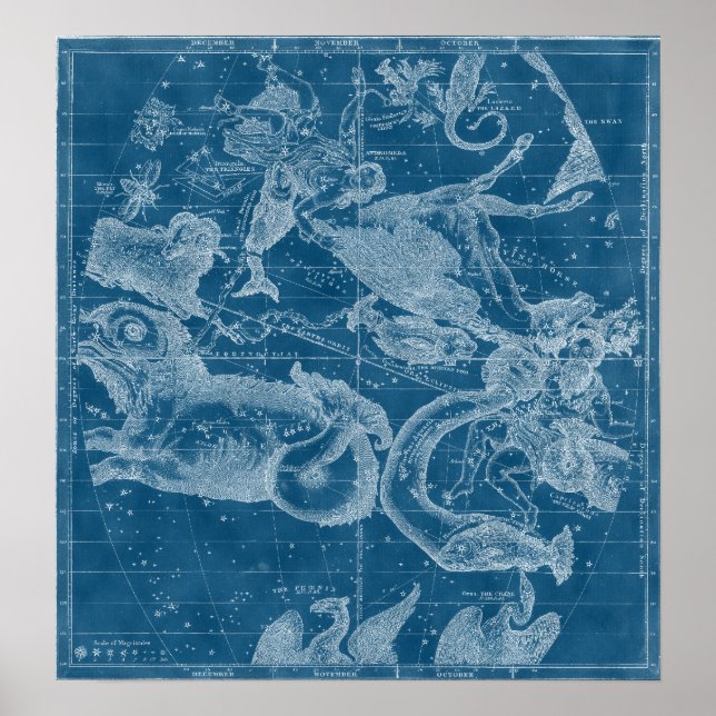 Poster Année 1856 Carte des étoiles antiques avec animaux (Devant)