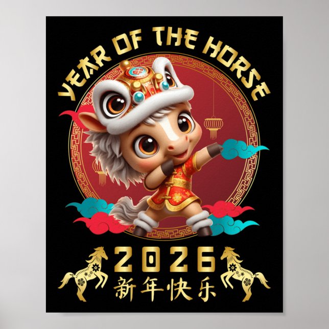 Poster Année Du Cheval 2026 Joli Nouvel An Lunaire Chinoi (Devant)