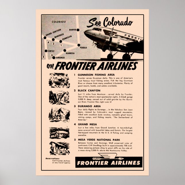Poster Années 1950 Frontier Airlines et réimpression (Devant)