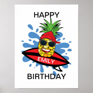 Poster Anniversaire amusant de surf ananas