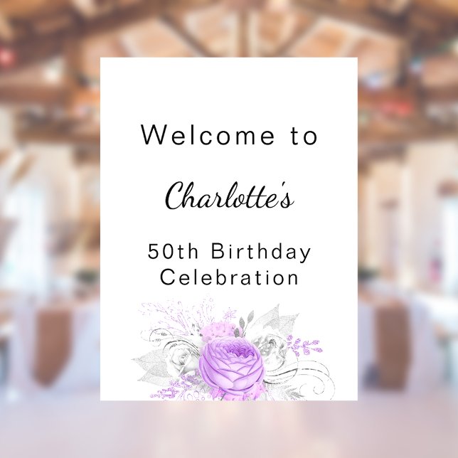 Poster Anniversaire blanc violet fleurs argent bienvenue (Créateur téléchargé)