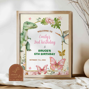Poster Anniversaire conjoint papillon et dinosaures
