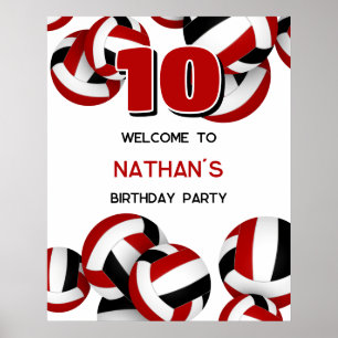Poster anniversaire de enfant de volley-ball noir rouge