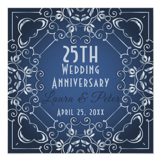 Poster Anniversaire élégant du Mariage Bleu et Argent (Devant)