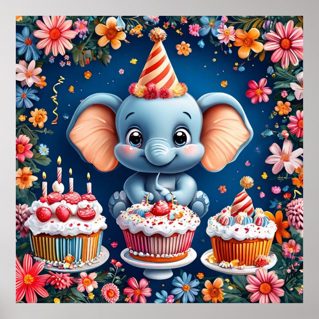 Poster Anniversaire éléphant avec gâteau et ballons (Devant)