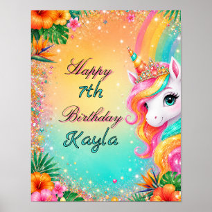 Poster Anniversaire Filles Licorne Florale Tropical Arc-e