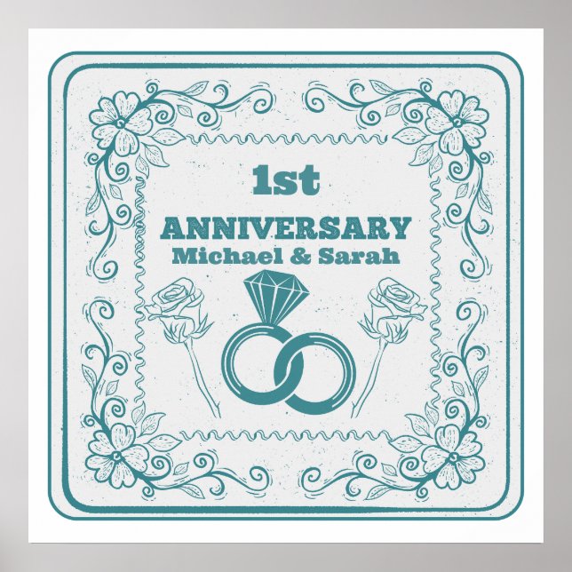 Poster Anniversaire Floral mariage année personnalisable (Devant)