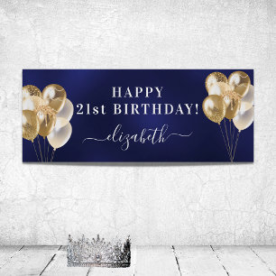 Poster Anniversaire marine bleu or ballons nom script