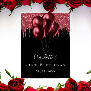 Poster Anniversaire noir rouge parties scintillant goutte
