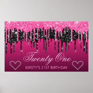 Poster Anniversaire Paillettes Noires et Roses Glamour