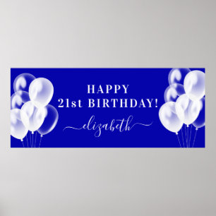 Poster Anniversaire royal bleu blanc ballons nom script