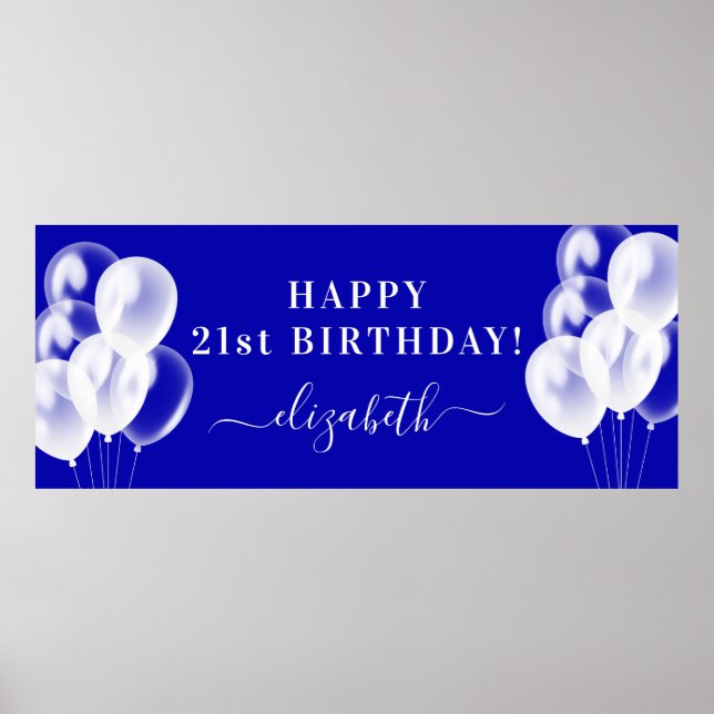 Poster Anniversaire royal bleu blanc ballons nom script (Devant)