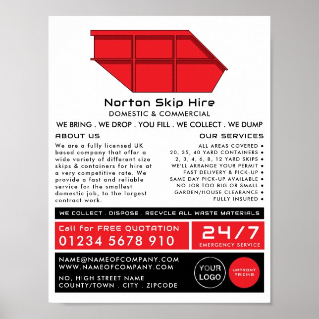 Poster Annonce de l'entreprise Red Skip, Skip/Dumpster (Devant)
