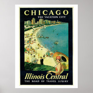 Poster Annonce vintage de voyage de plage de Chicago des
