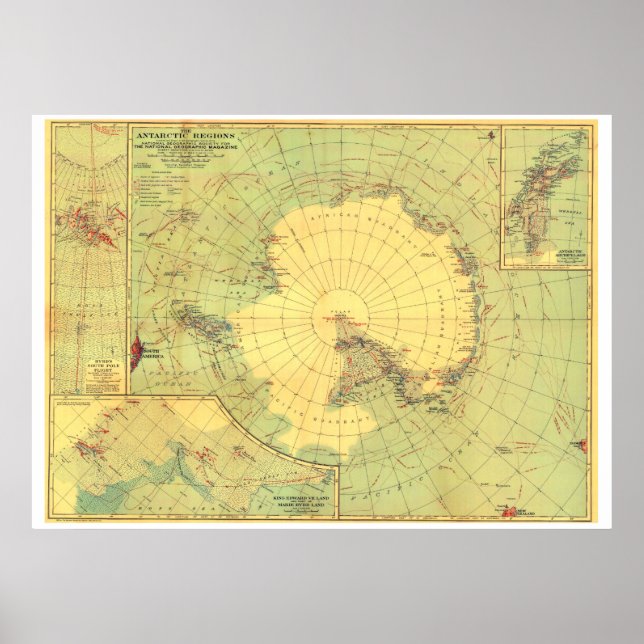 Poster " Antarctique : 1932 carte des régions du Pôle Sud (Devant)