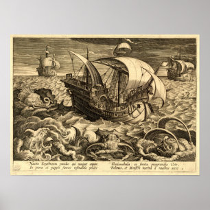 Poster Antique 1590 Navires Et Monstres De Mer