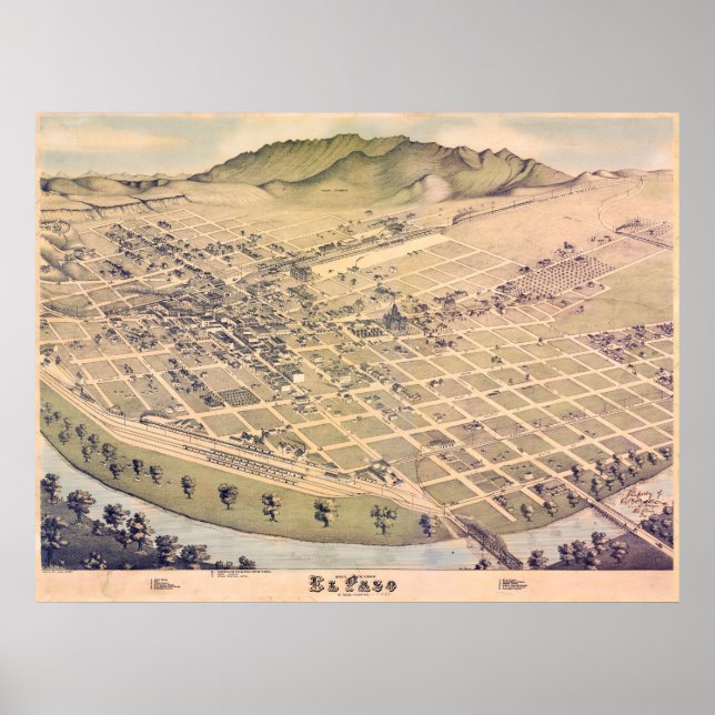 Poster Antique 1885 Carte d'El Paso, Texas, USA (Devant)