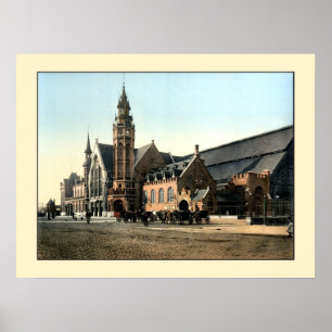 Poster Antique 1890 couleur photo gare de Bruges