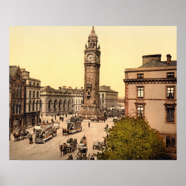 Poster Antique 1890s Belfast Street scène Albert Memorial (Devant)