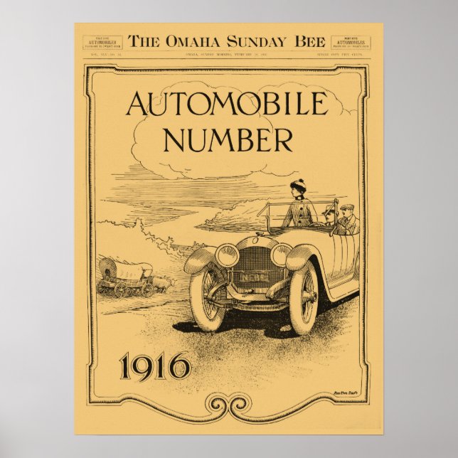 Poster antique 1916 Omaha Daily Bee section automobile (Devant)