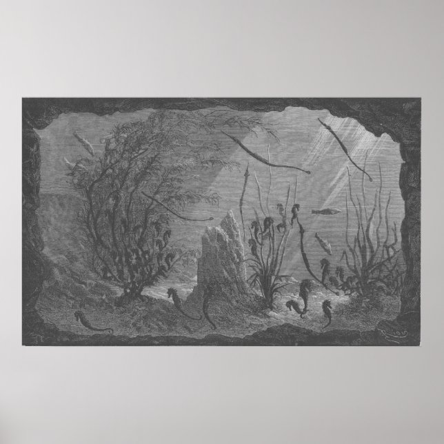 Poster Antique aquarium imprimer hippocampes poissons (Devant)