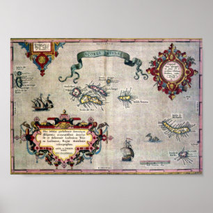 Poster Antique carte des Açores de 1584 - Réplique