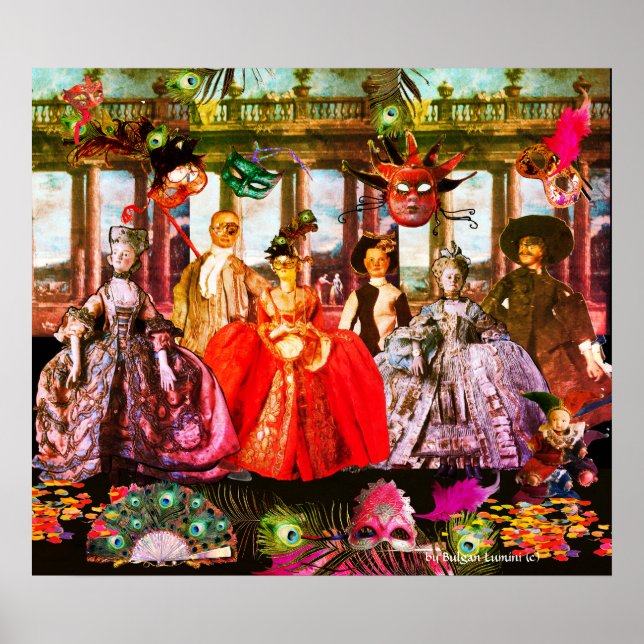 POSTER ANTIQUE ITALIENNE PUPPETS MASQUERADE COSTUME PARTI (Devant)