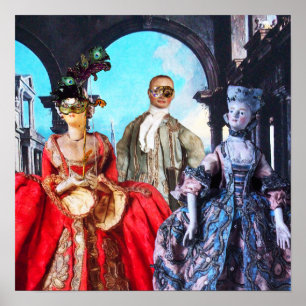 POSTER ANTIQUE ITALIENNE PUPPETS MASQUERADE COSTUME PARTI