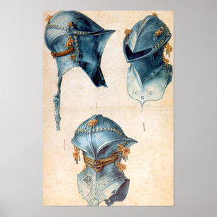 POSTER ANTIQUE KNIGHT ARMORS /THREE STUDIES OF A HELMET