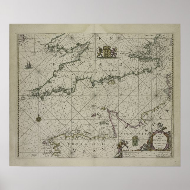 Poster Antique Map of Channel, 1666 (Devant)