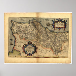 Poster Antique Map of Portugal ORTELIUS ATLAS 1570 A.D.