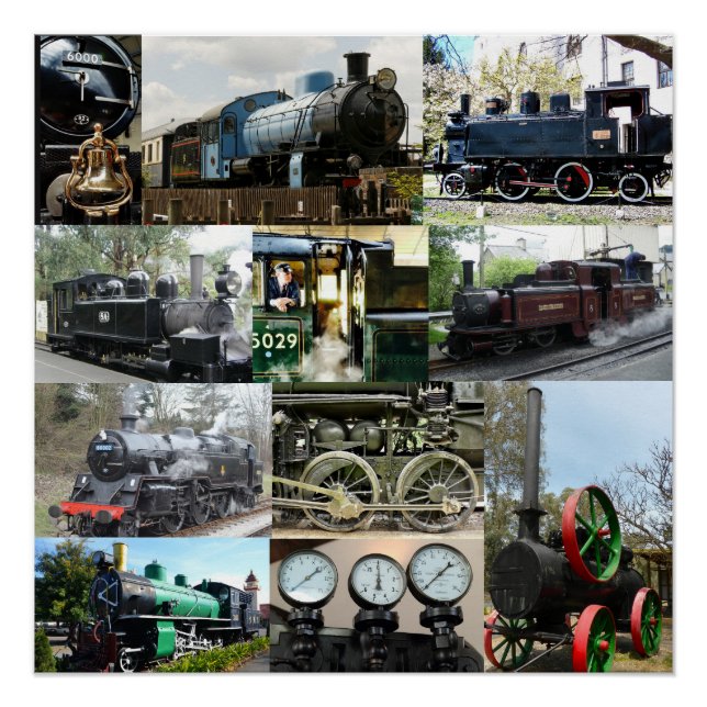 Poster Antique Moteur à vapeur Locomotive Train Collage (Devant)