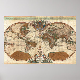 Poster antique vintage 1691 Sanson carte du monde